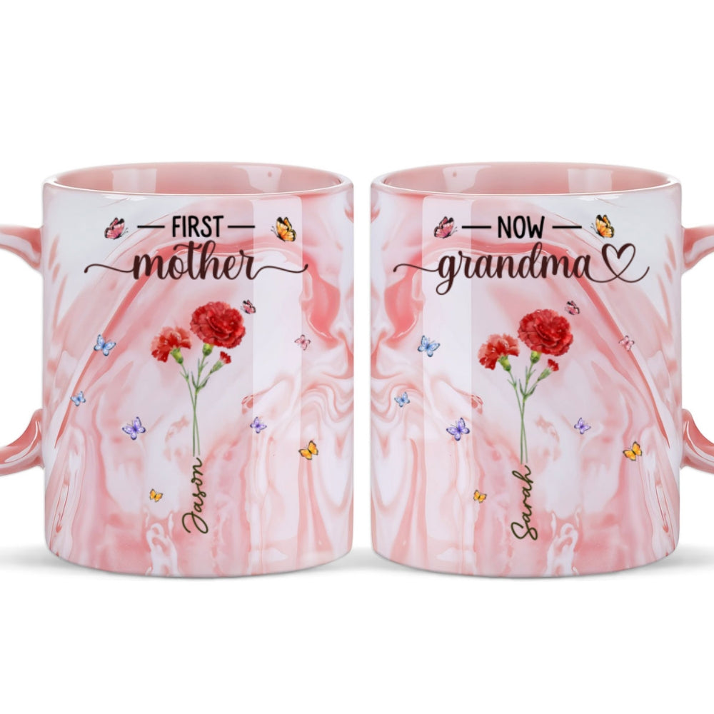 Custom Christmas & Birthday Gift For Grandma • First Mom Now Grandma - Personalized Pink Marble Mug