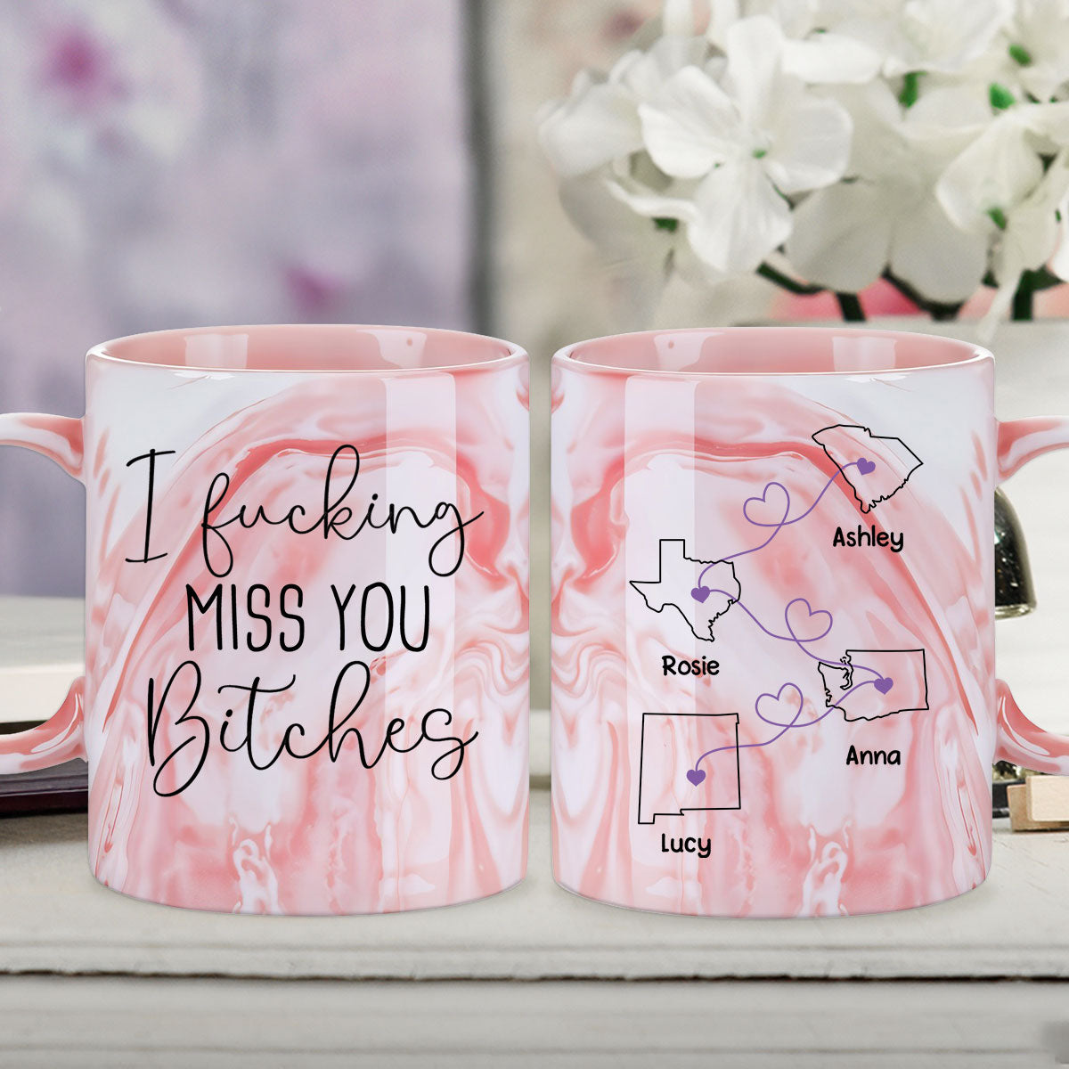 Custom Best Friend, Christmas & Birthday Friendship Keepsake Gift • I Miss You Bestie - Personalized Pink Marble Mug
