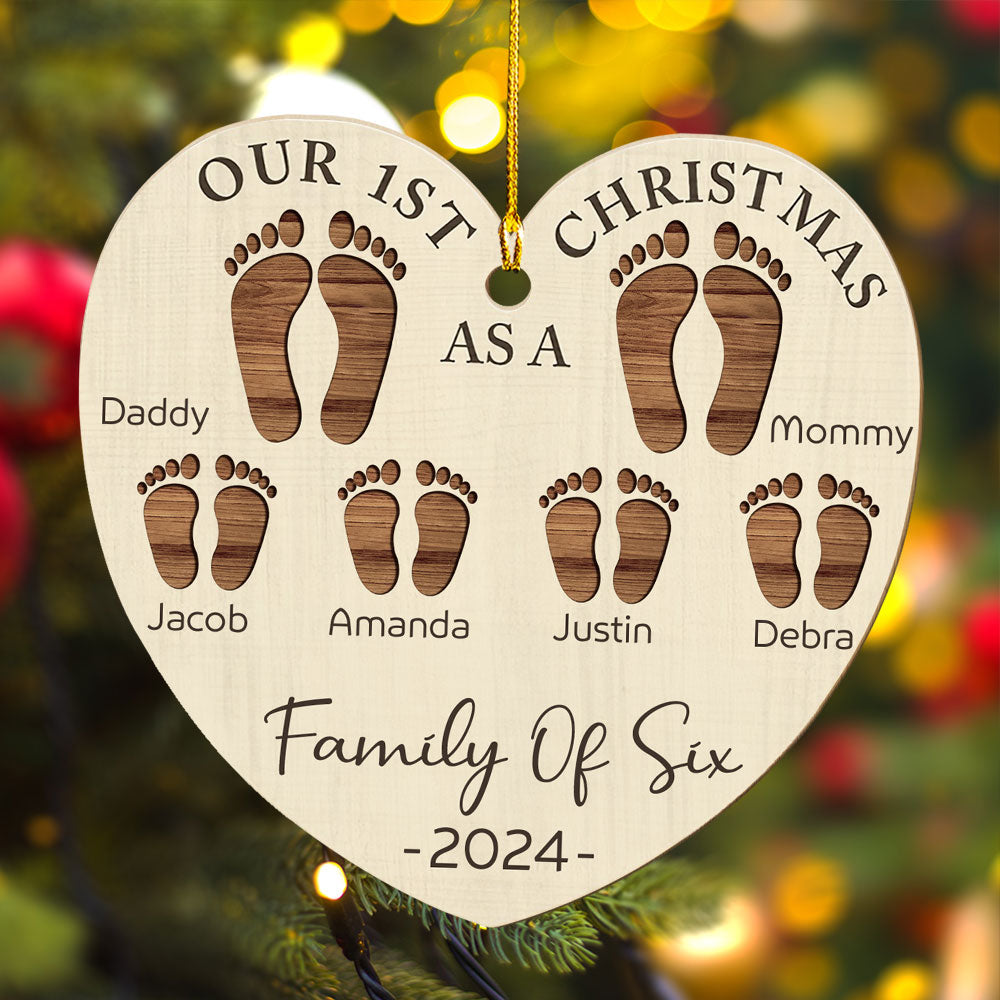 Custom Family First Christmas Ornament •  First Christmas As A Family Footprints - Personalized Wood Ornament