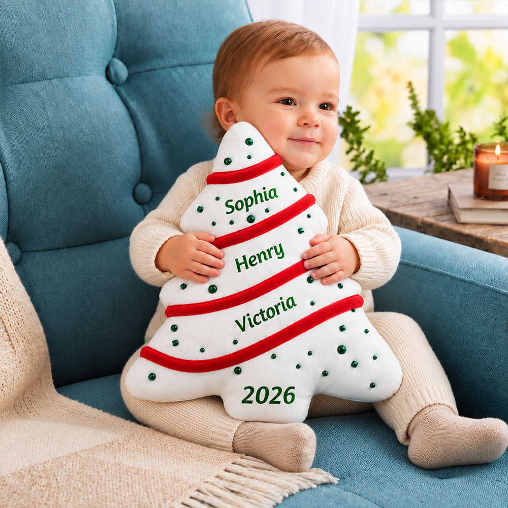 Custom Name Kids Christmas Tree Pillow, Family Keepsake From Parents • Christmas Tree Cake - Personalized Shaped Pillow