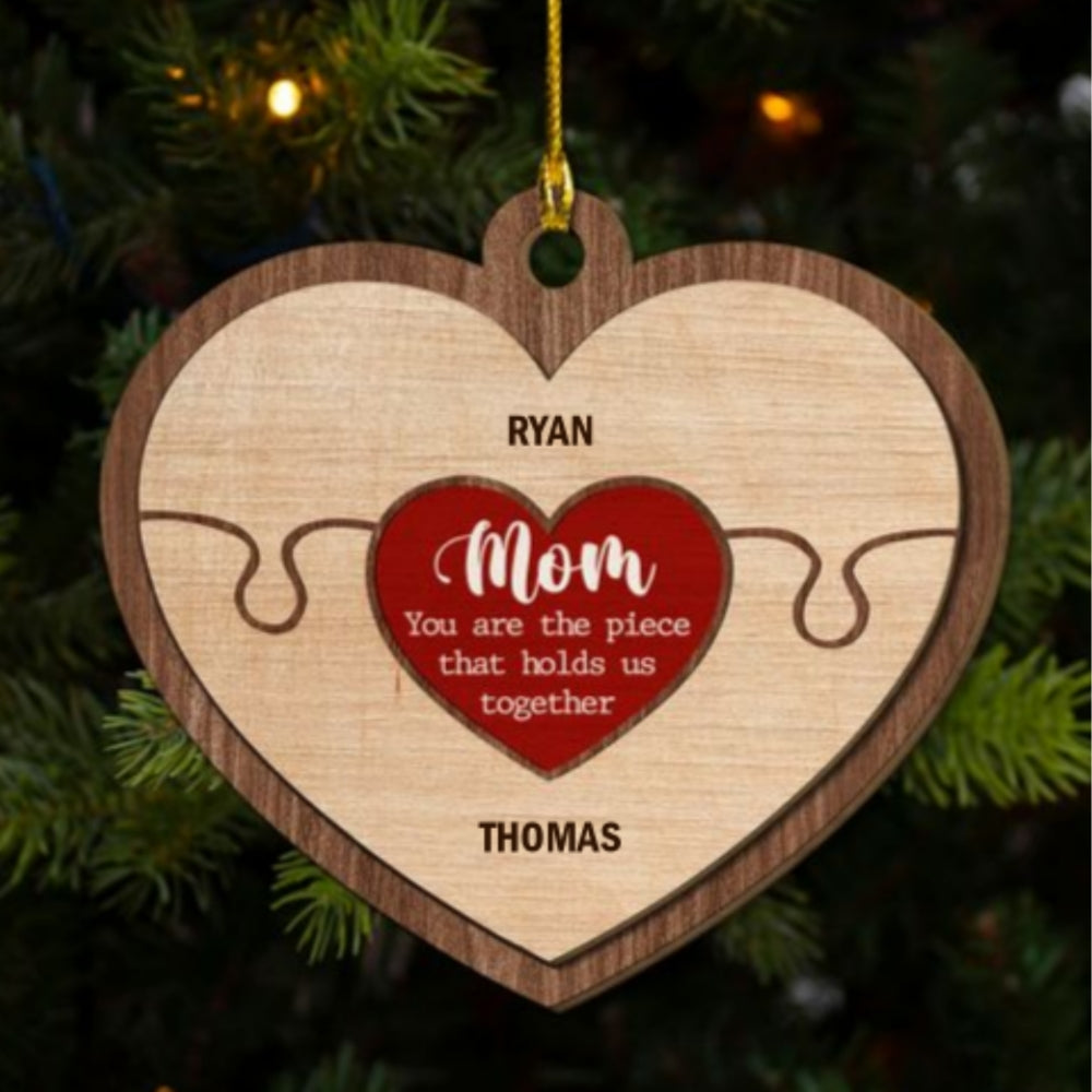 Custom Family Ornament, Christmas Gift for Family Members •  Mom Holds Us Together - Personalized Freeshape 2-Layered Wood Ornament
