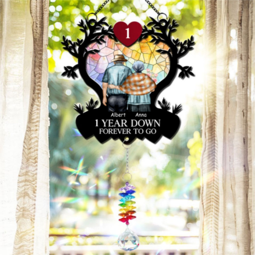 Custom Couple Hanging Decor, Anniversary Valentine's Day Gifts • Many Years Down Forever To Go - Personalized Suncatcher With Crystal Rainbow Charm