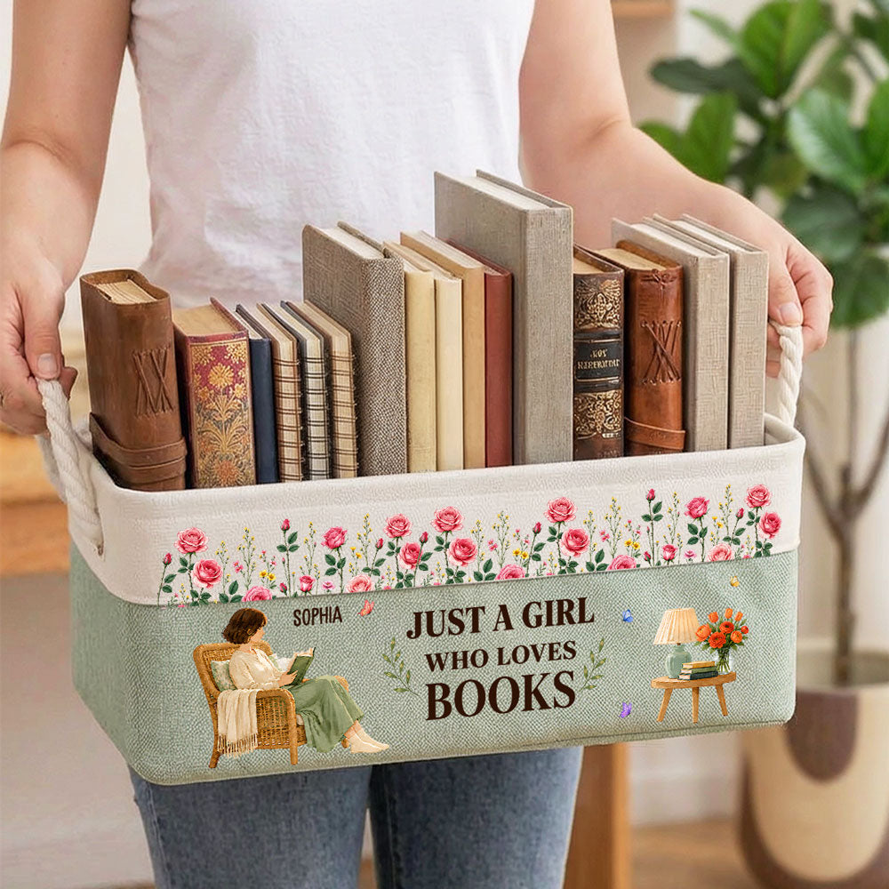 Custom Christmas Birthday Bookish Gifts For Book Lovers, Bookworms • Floral Book Nook - Personalized Storage Basket
