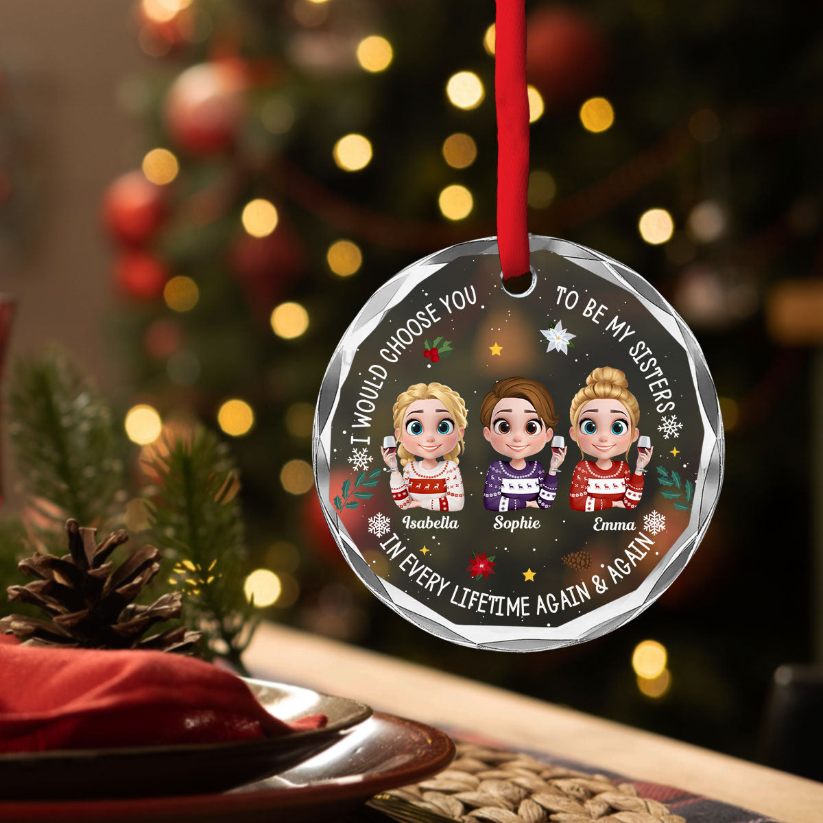 Custom Sister Christmas Ornament •  Soulmate In Disguise - Personalized Glass Ornament