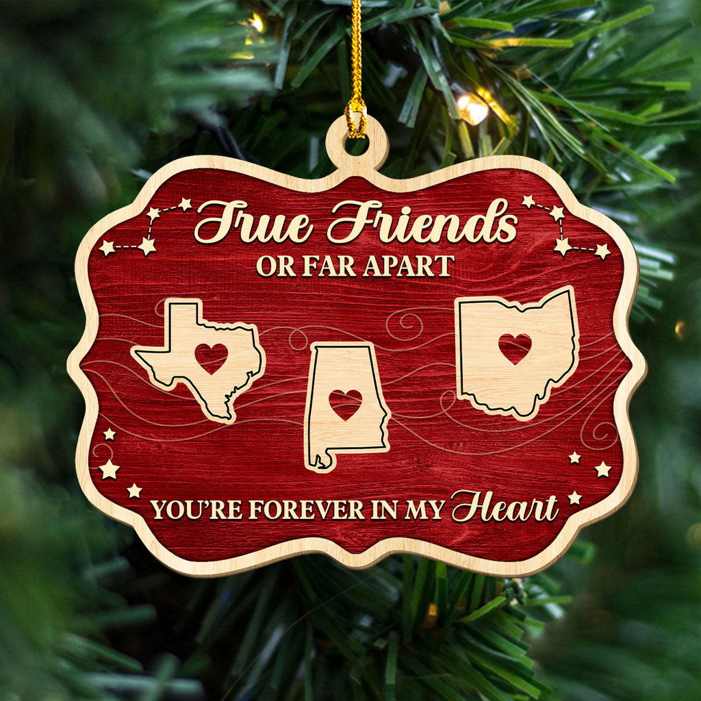Custom Friendship Christmas Ornament, Best Friend Gift •  Hearts Stay Connected Through Distance - Personalized 3D Effect Wood Ornament