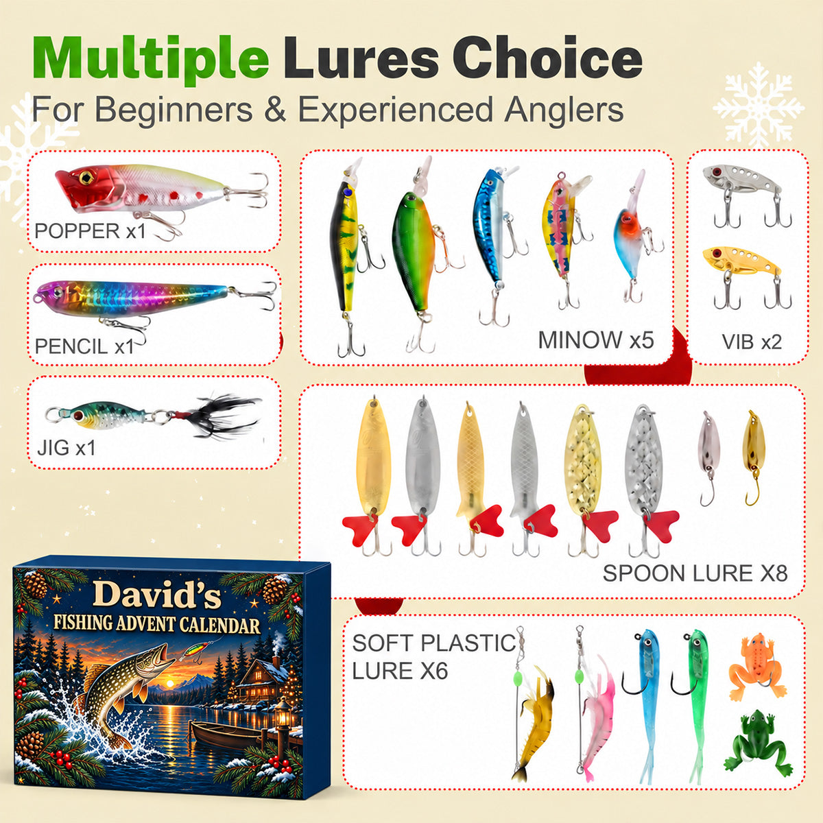 Custom Christmas Advent Calendar 2026 Fishing Lure Set, 24-Day Countdown • Fishing Lover - Personalized Fishing Advent Calendar