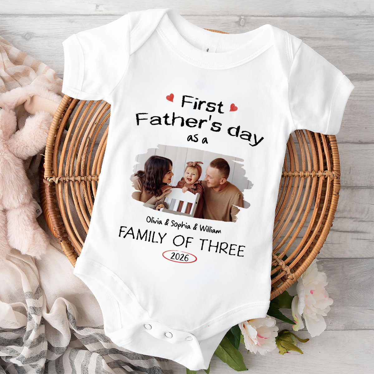 As A Family Of Three Fathers Day Photo - Personalized Baby Onesie