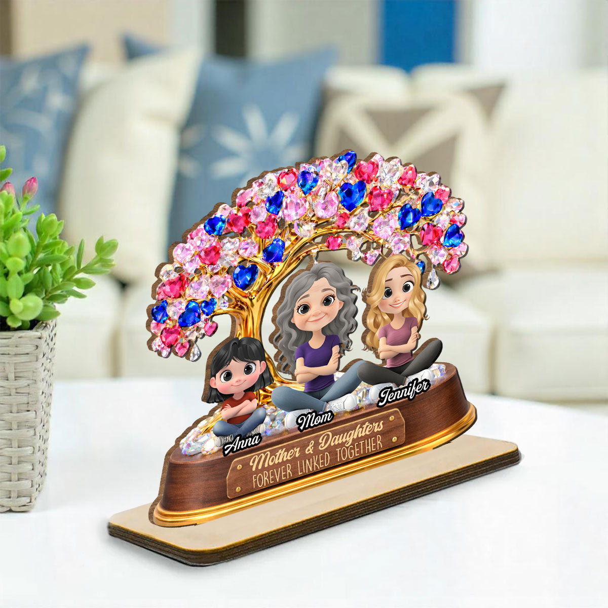 Custom Mother's Day Decor, Gift for Mom & Grandma • Mom And Daughters Love Tree - Personalized 2-Layer Wood Plaque With Flat Base