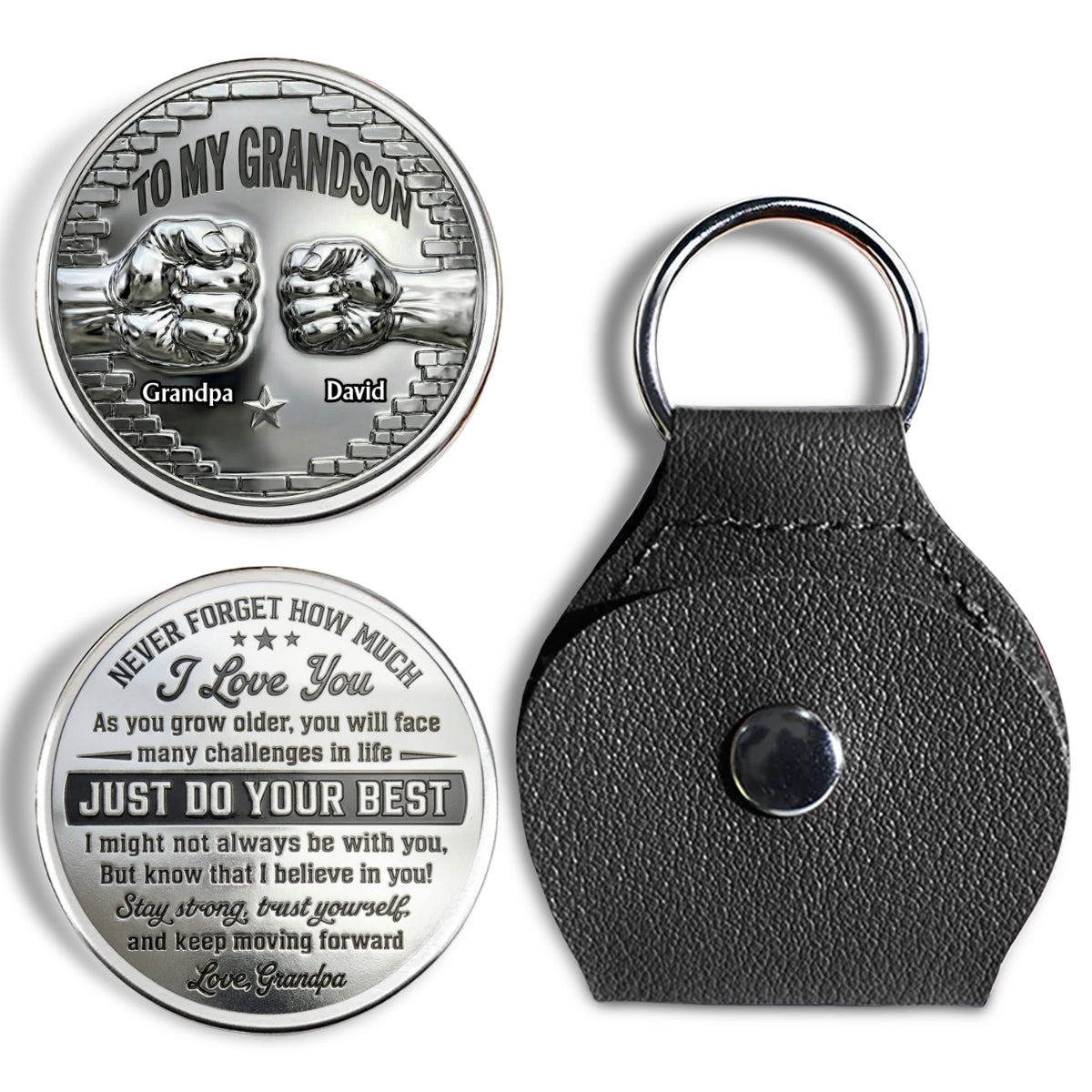 Custom Coin Keychain For Grandson Nephew, Family Keepsake • To My Grandson I Believe In You - Personalized 3D Printing Pocket Hug