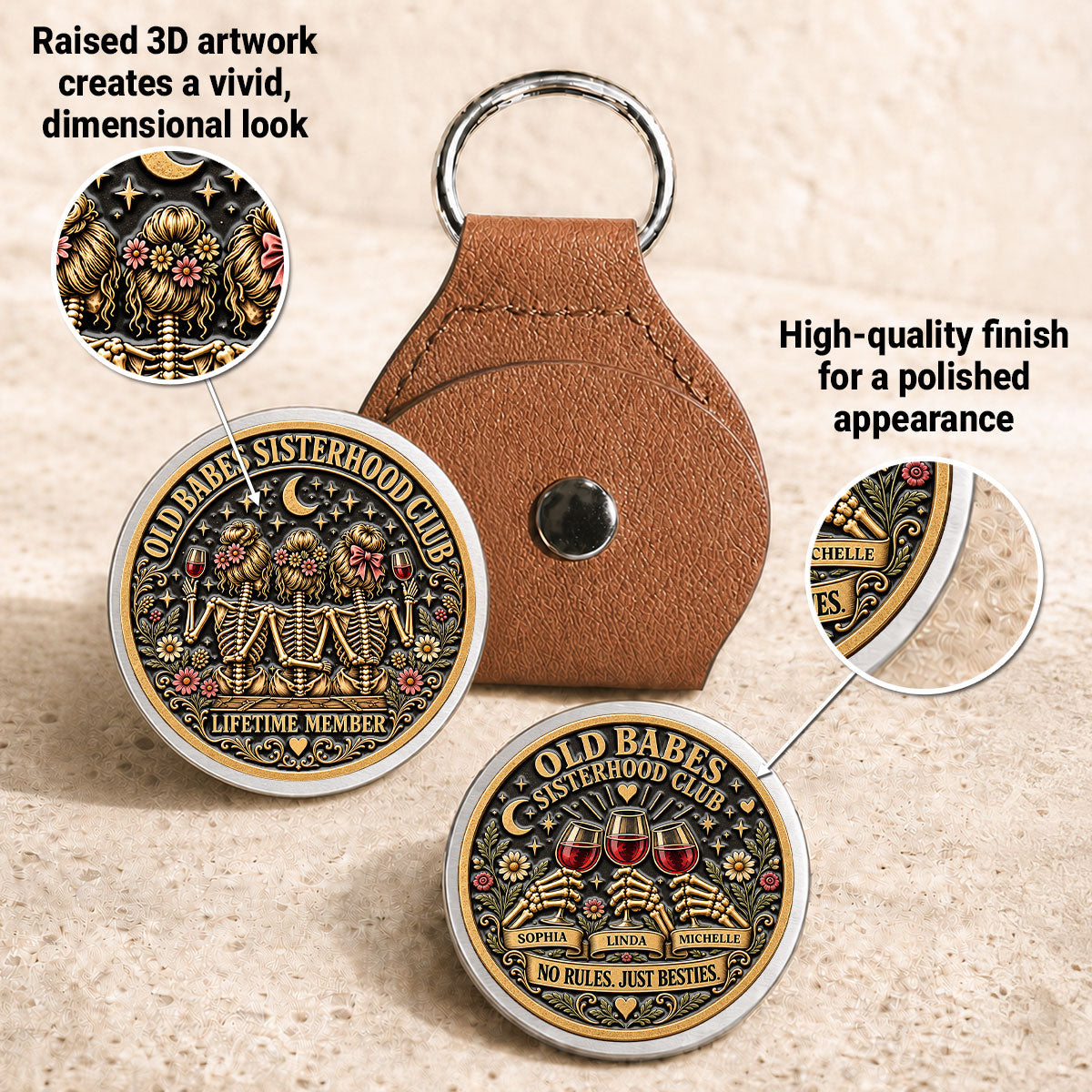 Custom Besties Coin Keychain, Friendship Birthday Gifts • Same Girls Same Crazy Stories - Personalized 3D Printing Pocket Hug