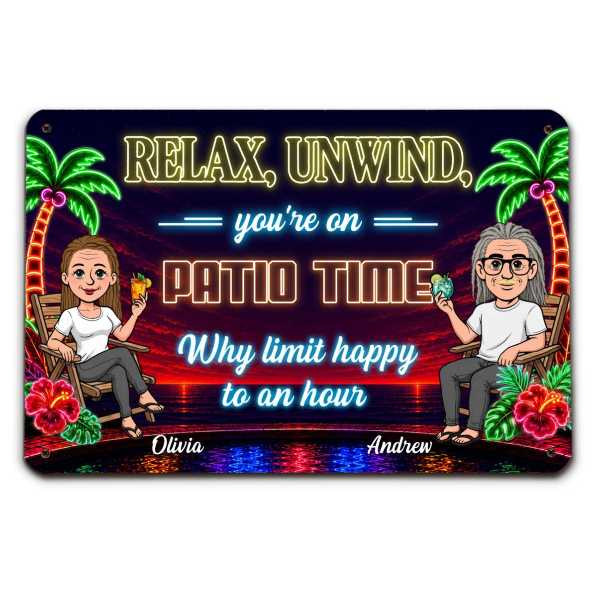 Custom Family Summer Backyard, Patio & Porch Decor • Every Hour Is Happy Hour - Personalized Metal Sign