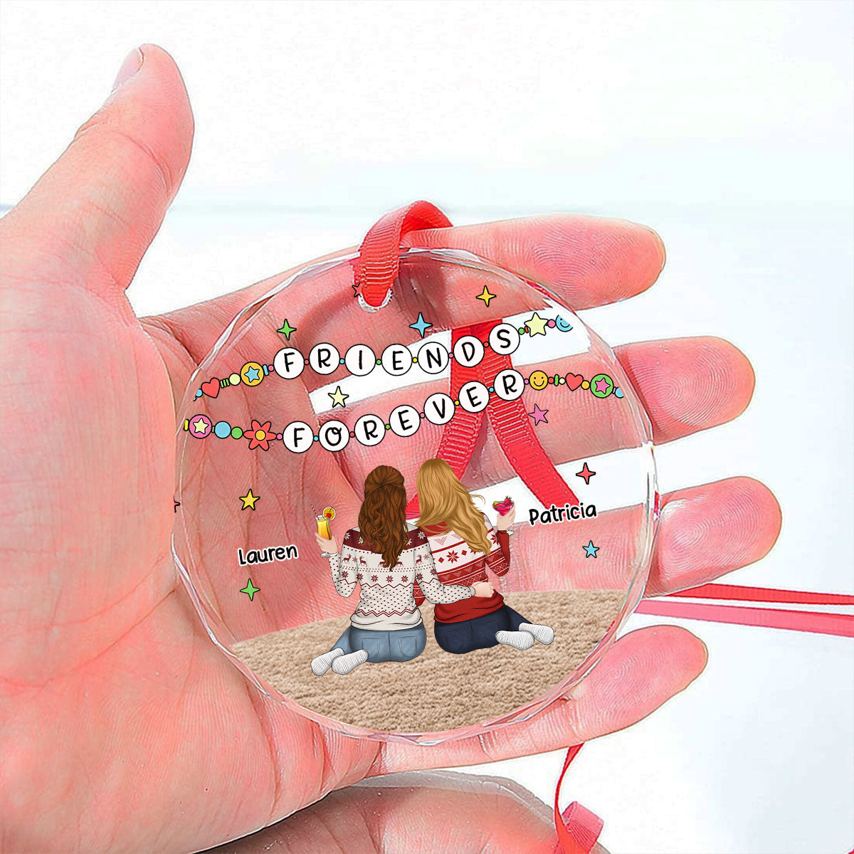 Custom Sister Christmas Ornament •  Sisters Sitting Colorful - Personalized Glass Ornament