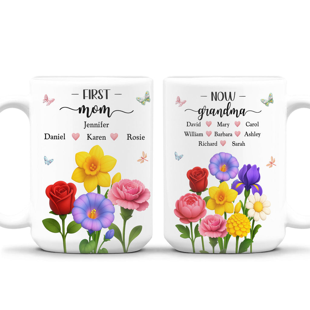 Custom Christmas & Birthday Gift For Grandma • First Mom Now Grandma Floral - Personalized Coffee Mug