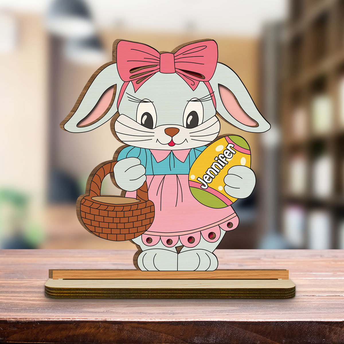 Custom Family Decor, Christmas Birthday Family Keepsake • Spring Bunny Surprise - Personalized 2-Layer Wood Plaque With Flat Base