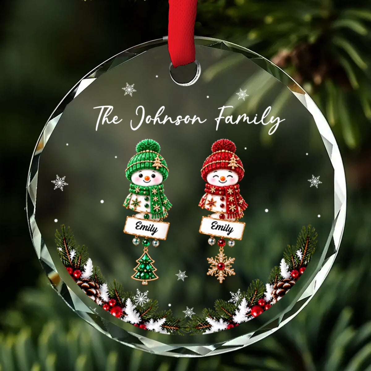 Custom Family Ornament, Christmas Gift for Family Members •  Snowman Family - Personalized Glass Ornament