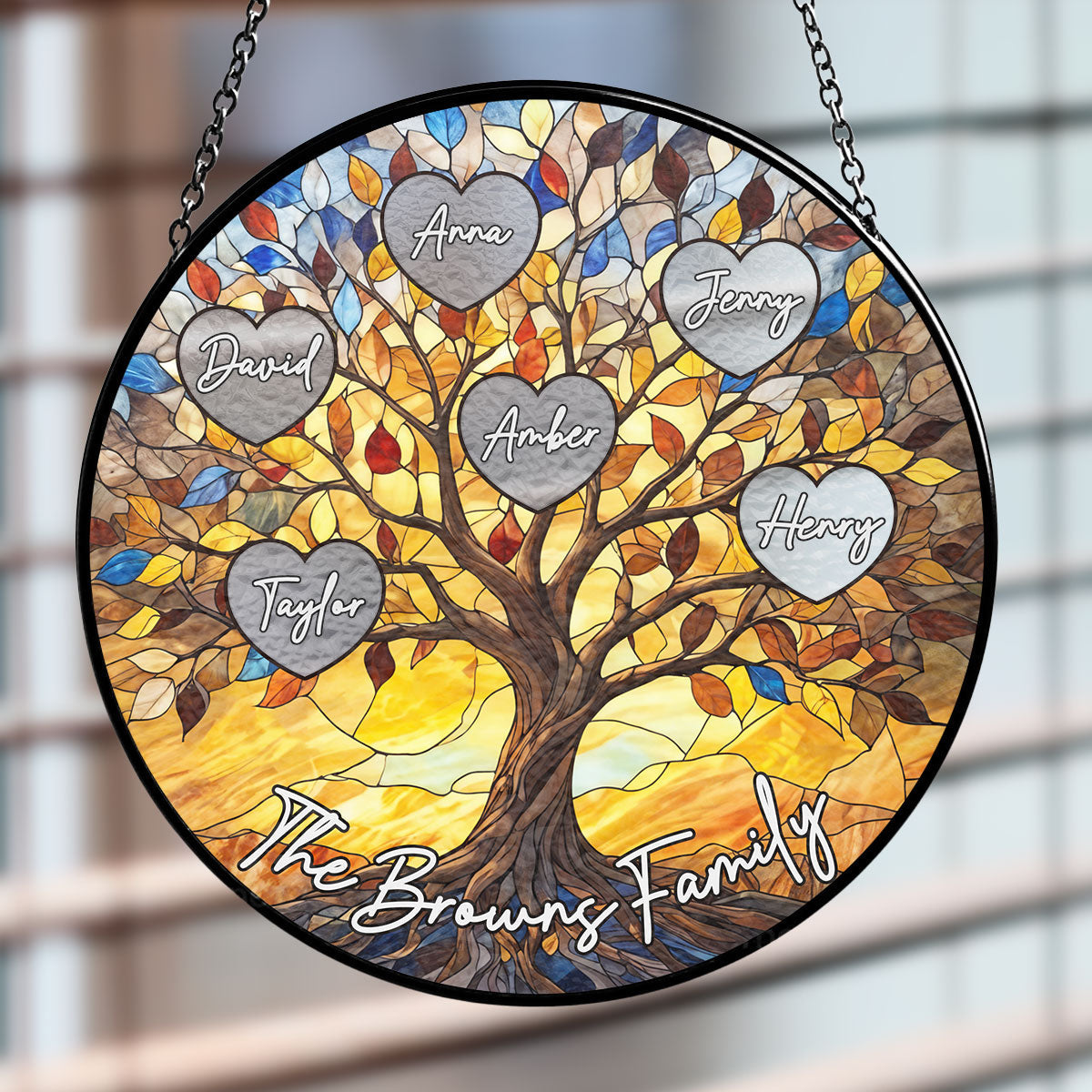 Custom Name Hanging Decor, Birthday Housewarming Gift • Family Tree Love Grows Here - Personalized Window Hanging Suncatcher