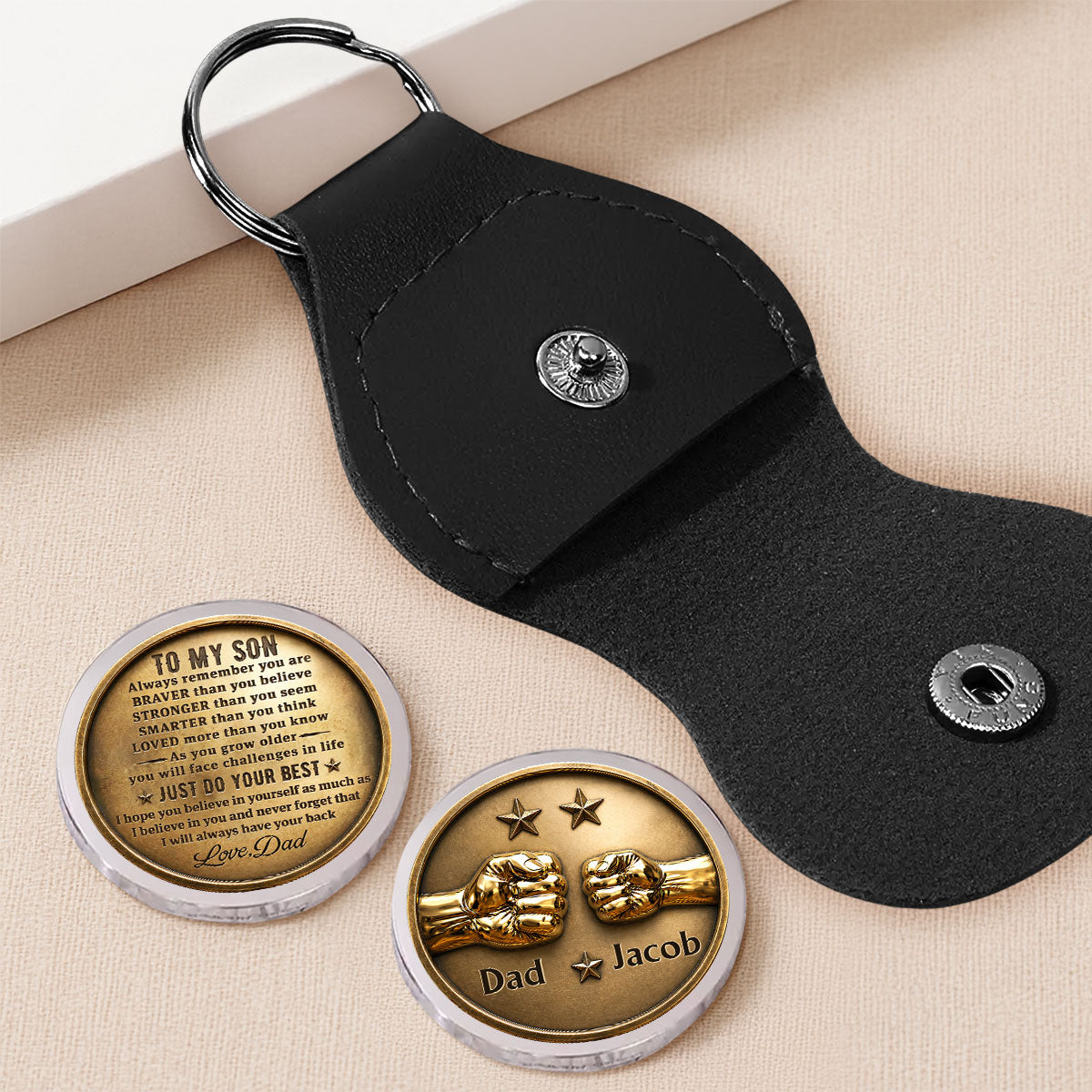 Custom Son Coin Keychain, Father's Day Birthday Gifts • Just Do Your Best My Son - Personalized 3D Effect Pocket Hug