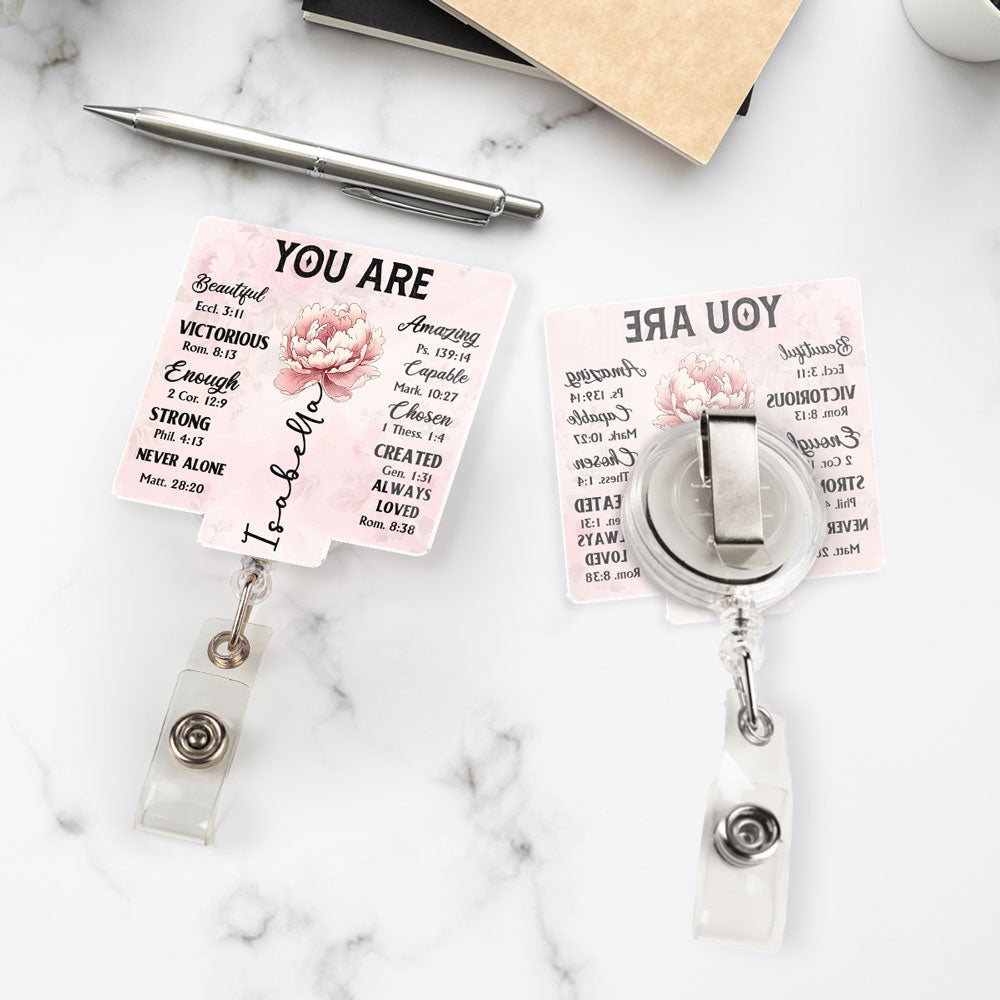 Custom Birth Flower ID Holder For Coworker, Office Gift With Name • God Says You Are - Personalized Acrylic Badge Reel