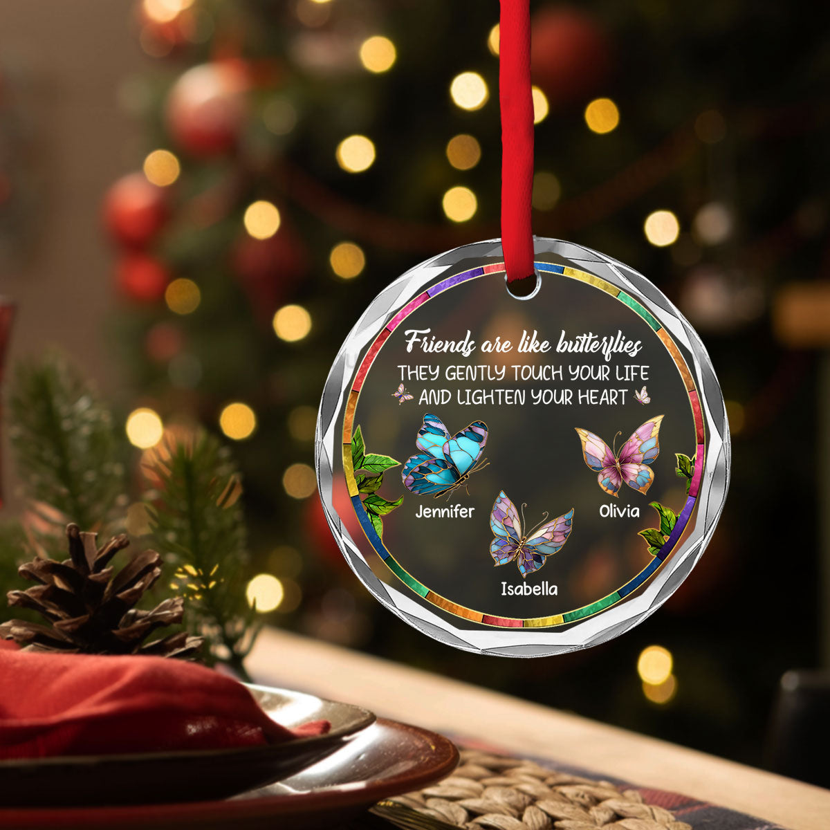 Custom Friendship Christmas Ornament, Best Friend Gift •  Butterfly Friends - Personalized Glass Ornament