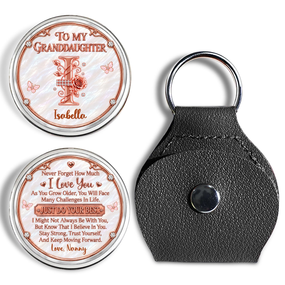 Custom Coin Keychain For Granddaughter Niece, Family Keepsake, • Strong At Heart - Personalized 3D Printing Pocket Hug