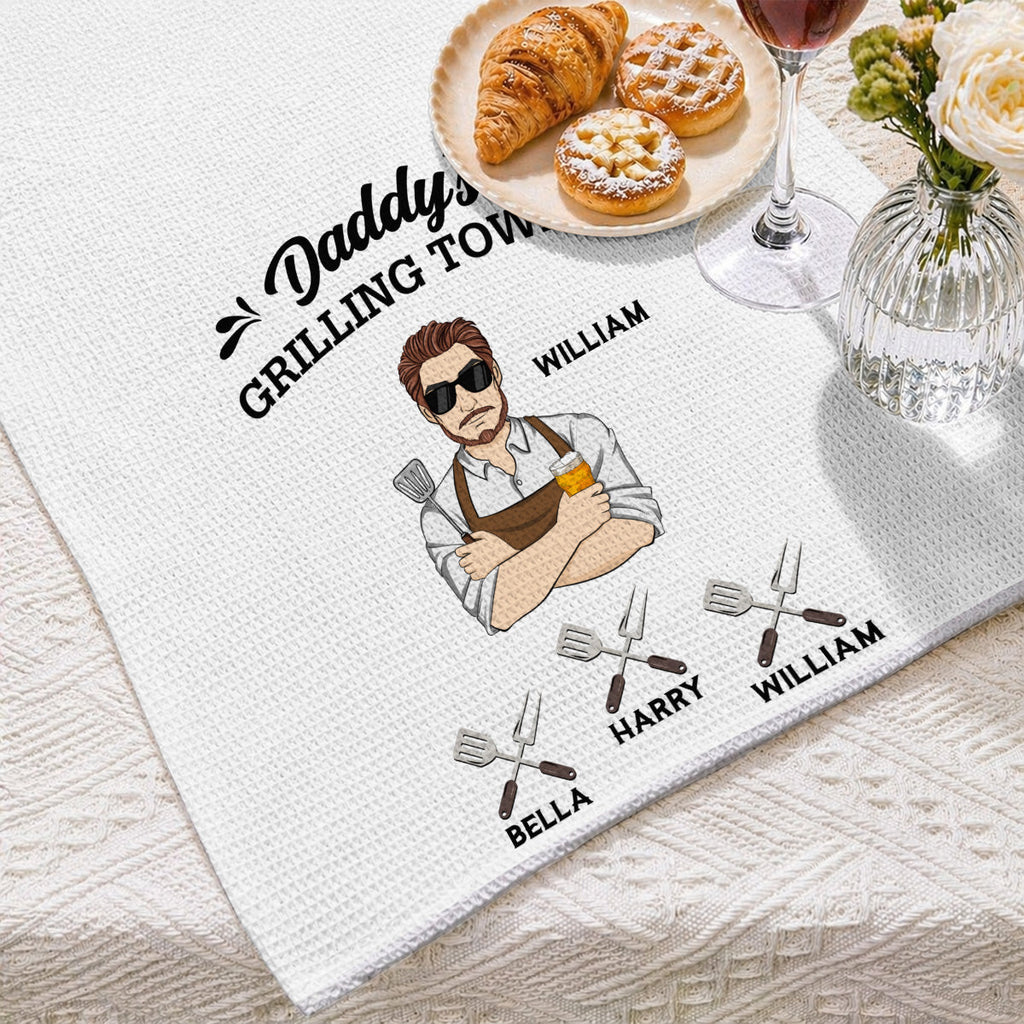 Custom Grilling BBQ Kitchen Towel, Father's Day Birthday Gift For Dad Father • Daddy Is Grilling So We Better Step Back - Personalized Kitchen Towel