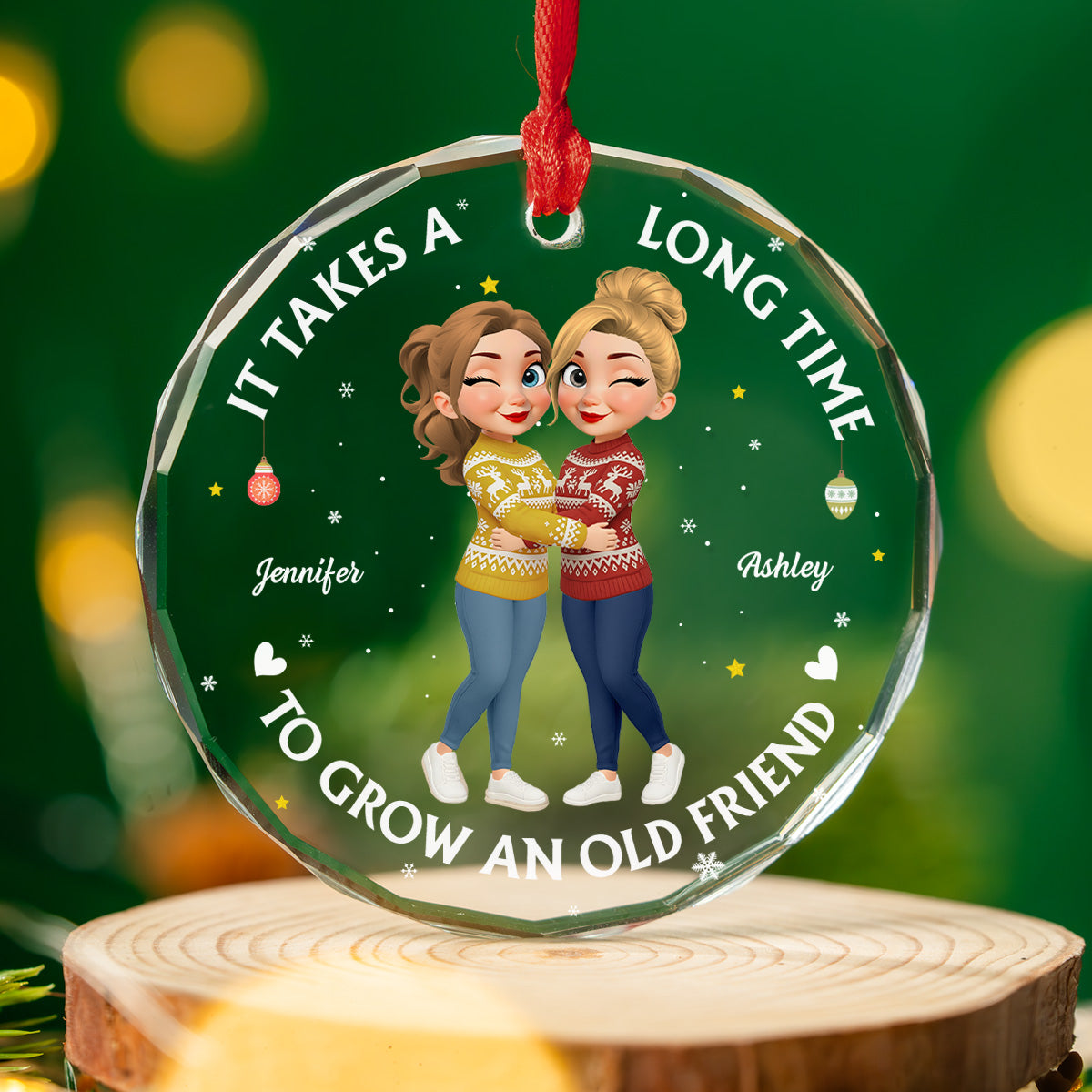 Custom Friendship Christmas Ornament, Best Friend Gift •  Good Friends Age Like Wine - Personalized Glass Ornament