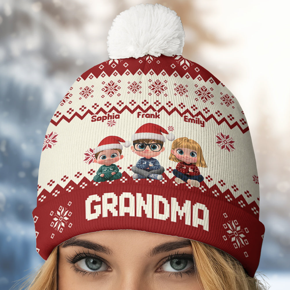Custom Grandma Christmas Winter Hat • My Grandkids Are Ahead All - Personalized Bobble Beanie Hat