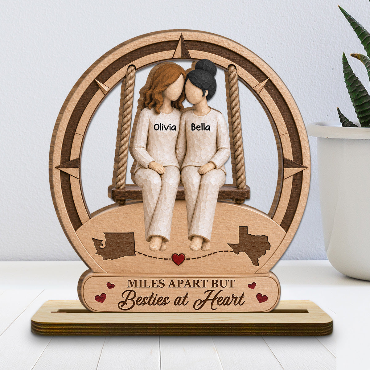 Custom Friendship Decor, Christmas Birthday Gifts For Best Friend • Besties At Heart - Personalized 2-Layer Wood Plaque With Flat Base