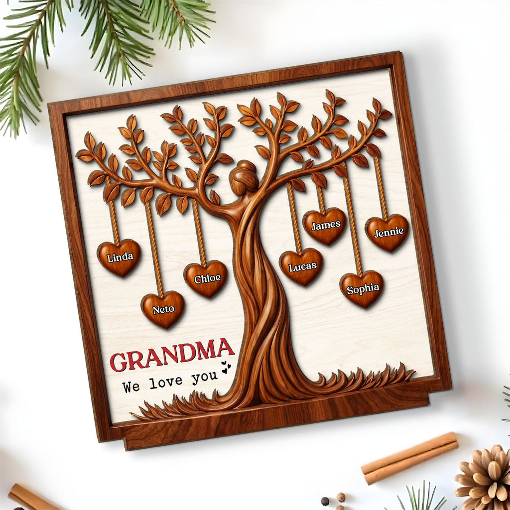 Custom Mother's Day Decor, Gift for Mom & Grandma • Hearts Tree - Personalized 2-Layer Wood Plaque With Flat Base