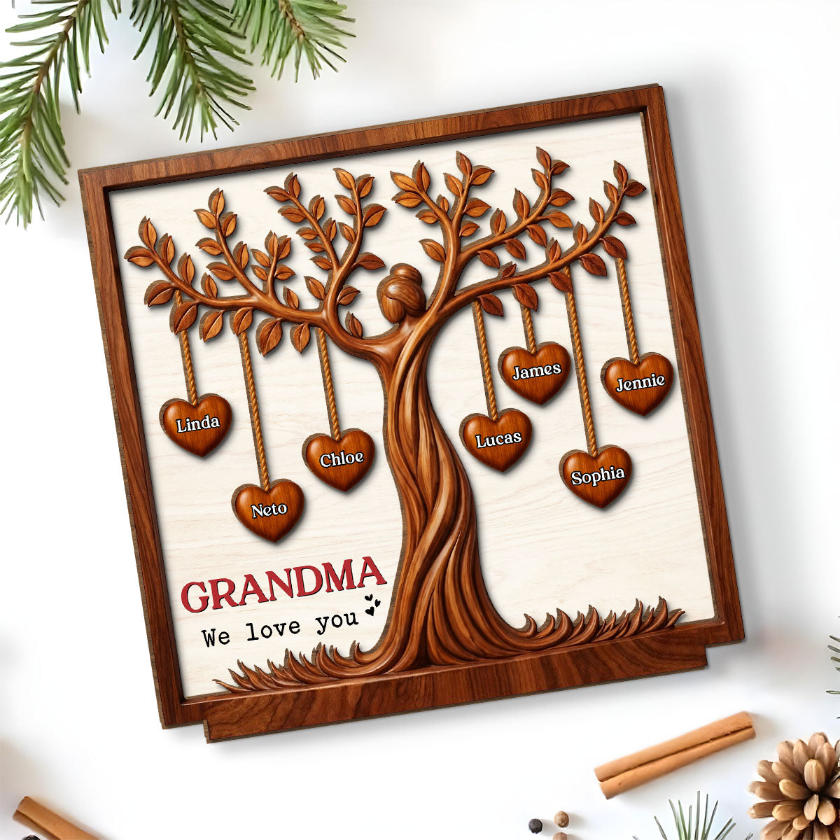 Custom Mother's Day Decor, Gift for Mom & Grandma • Hearts Tree - Personalized 2-Layer Wood Plaque With Flat Base