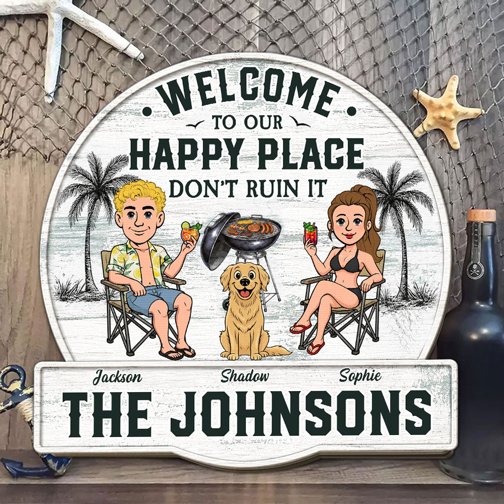 Custom Family Summer Backyard, Patio & Porch Decor • Happiness Happens Right Here - Personalized Wood Sign