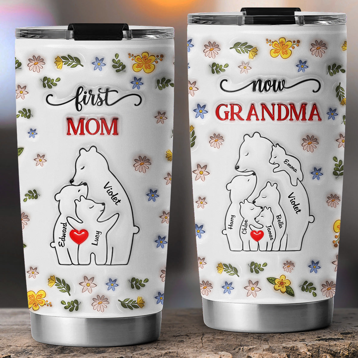 Custom Christmas Birthday Gifts For Grandma • First Mom Now Grandma Bear - Personalized 3D Inflated Effect Tumbler