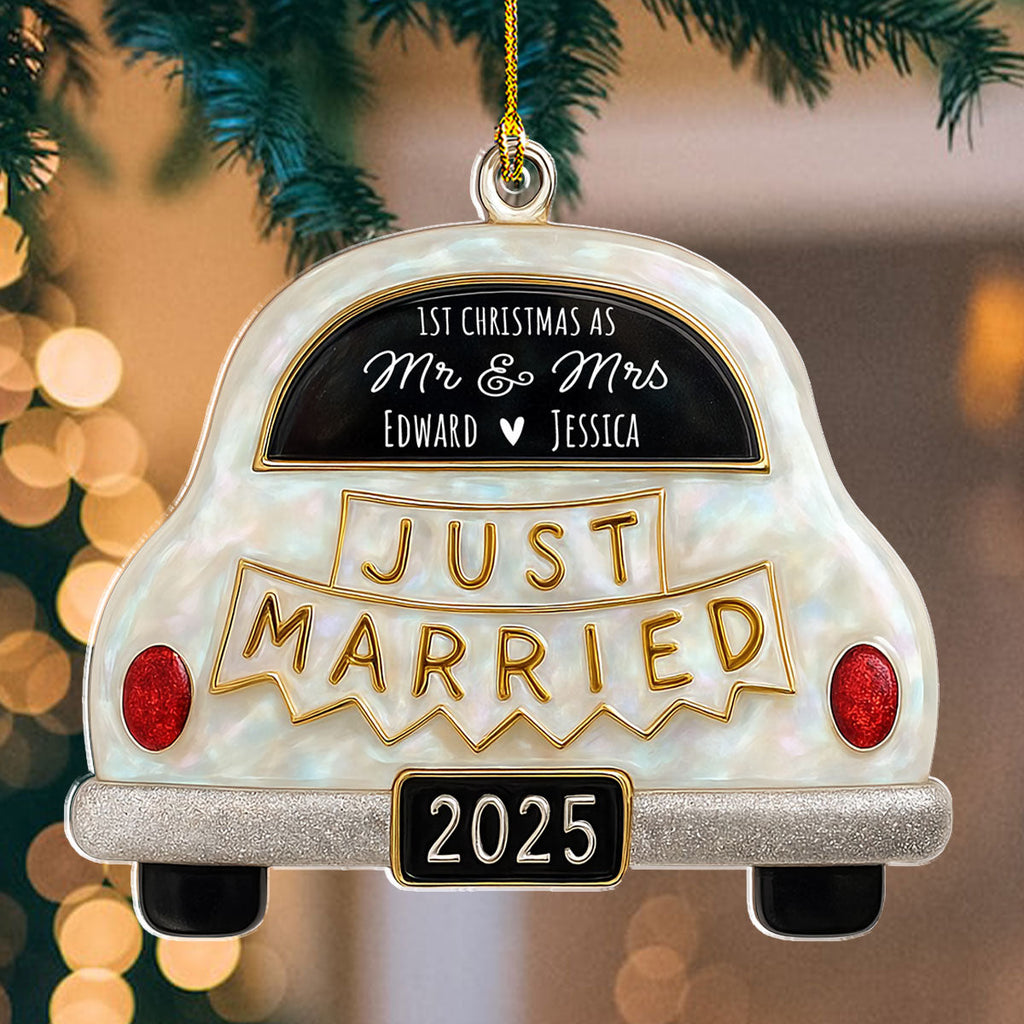 Custom First Christmas Ornament Married, Gift for Newlyweds •  Save The Date - Personalized 3D Effect Acrylic Ornament