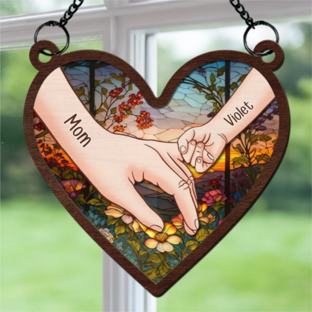 Custom Name Grandma Hanging Decor, Mother's Day Birthday Gifts • Hold Hands And Hearts - Personalized Suncatcher