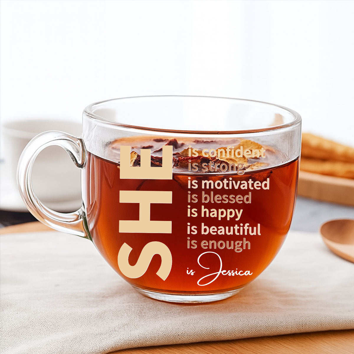 She Is Beautiful - Personalized Glass Tea Cup