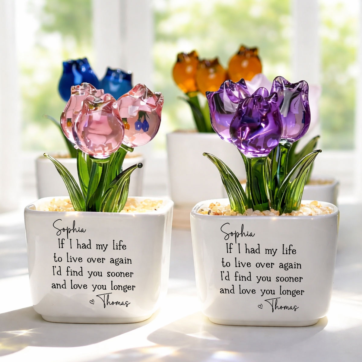 Custom Glass Flower Keepsake, Romantic Anniversary Gift for Wife • Love You Longer - Personalized Glass Everlasting Tulips