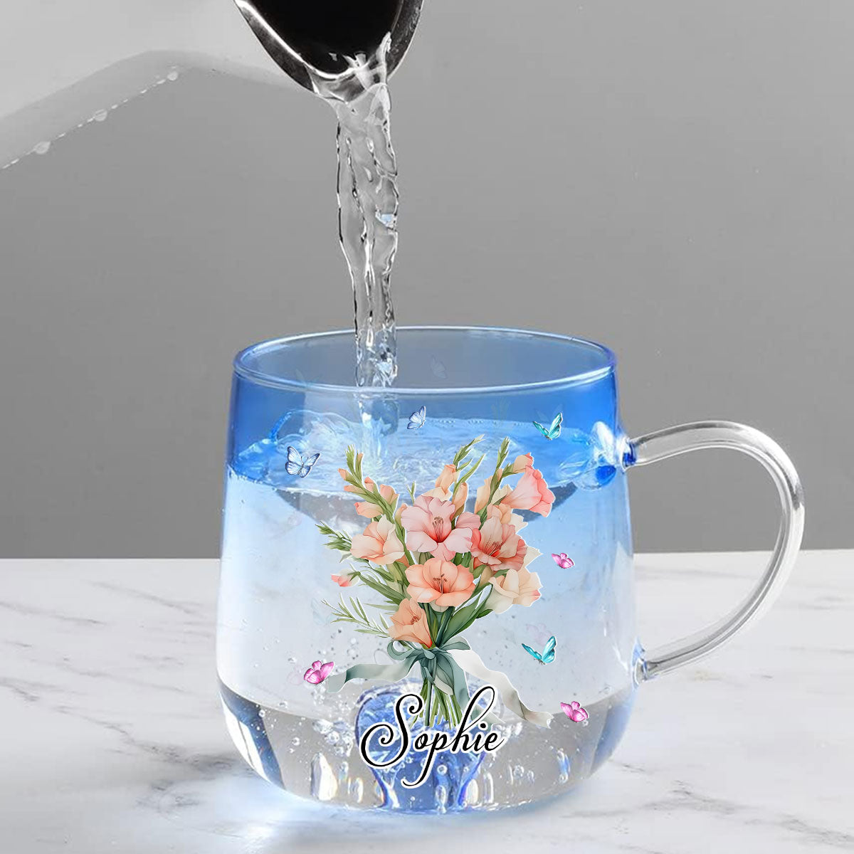Custom Christmas & Birthday Keepsake Gift • Birthmonth Flower With Name - Personalized Blue Gradient Glass Mug