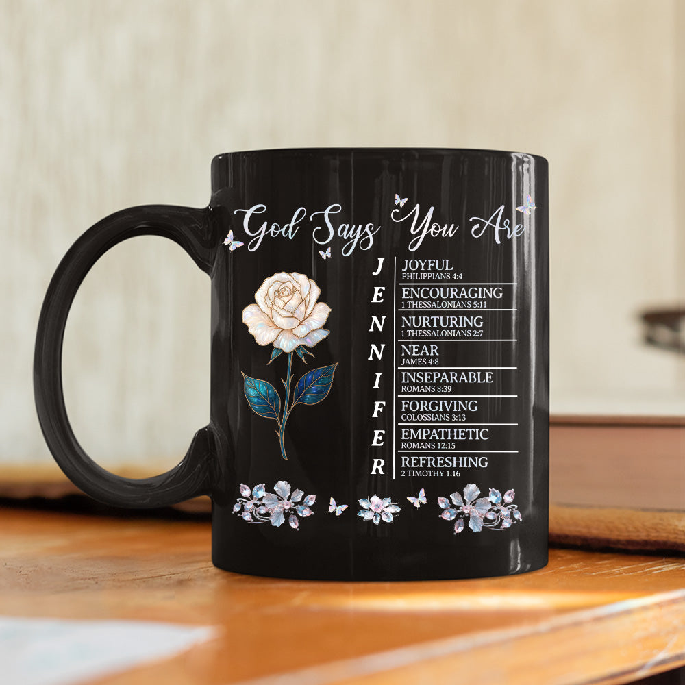 Custom Name & Birth Flower Birthday, Christmas Gift for Best Friend • God Says I Am - Personalized Black Coffee Mug