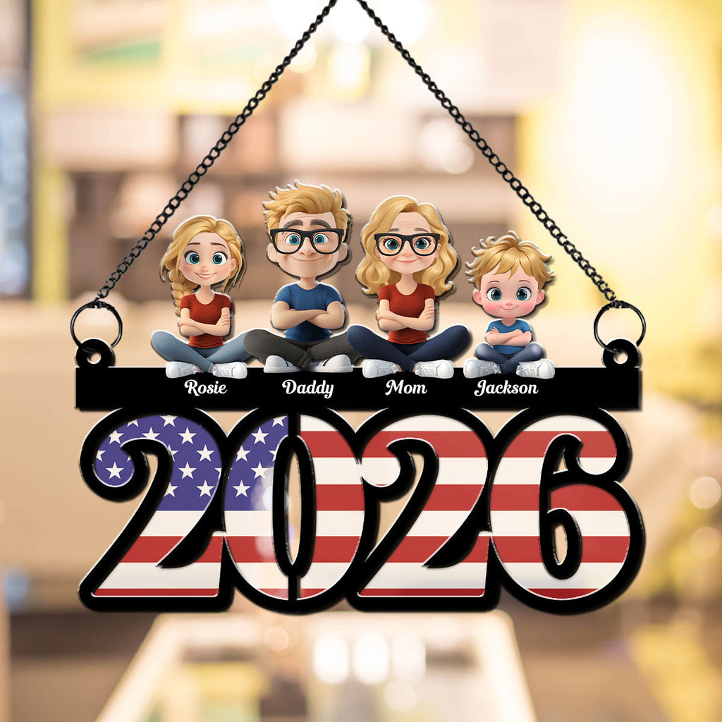 Custom Family Patriotic Hanging Decor, 4th of July • Family Sitting America 250th Anniversary - Personalized Suncatcher