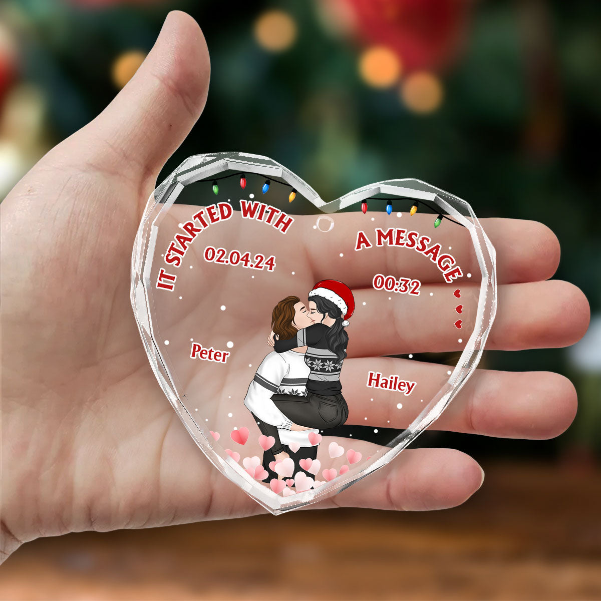 Custom Couple Christmas Ornament, Anniversary Gift •  Started With A Message - Personalized Glass Ornament
