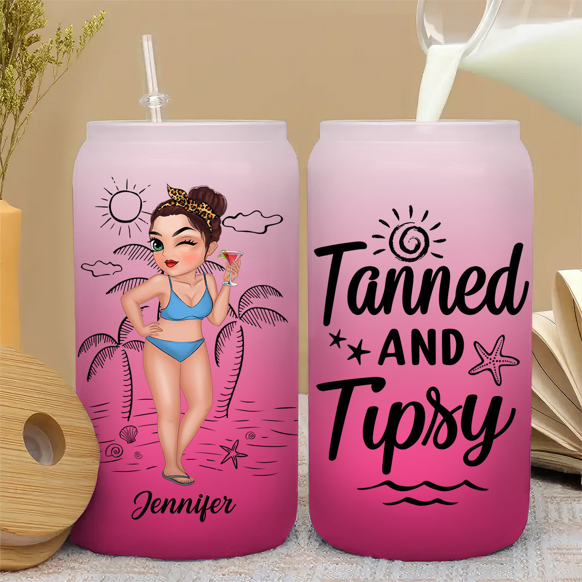 Tanned And Tipsy - Personalized Ombre Frosted Glass Can