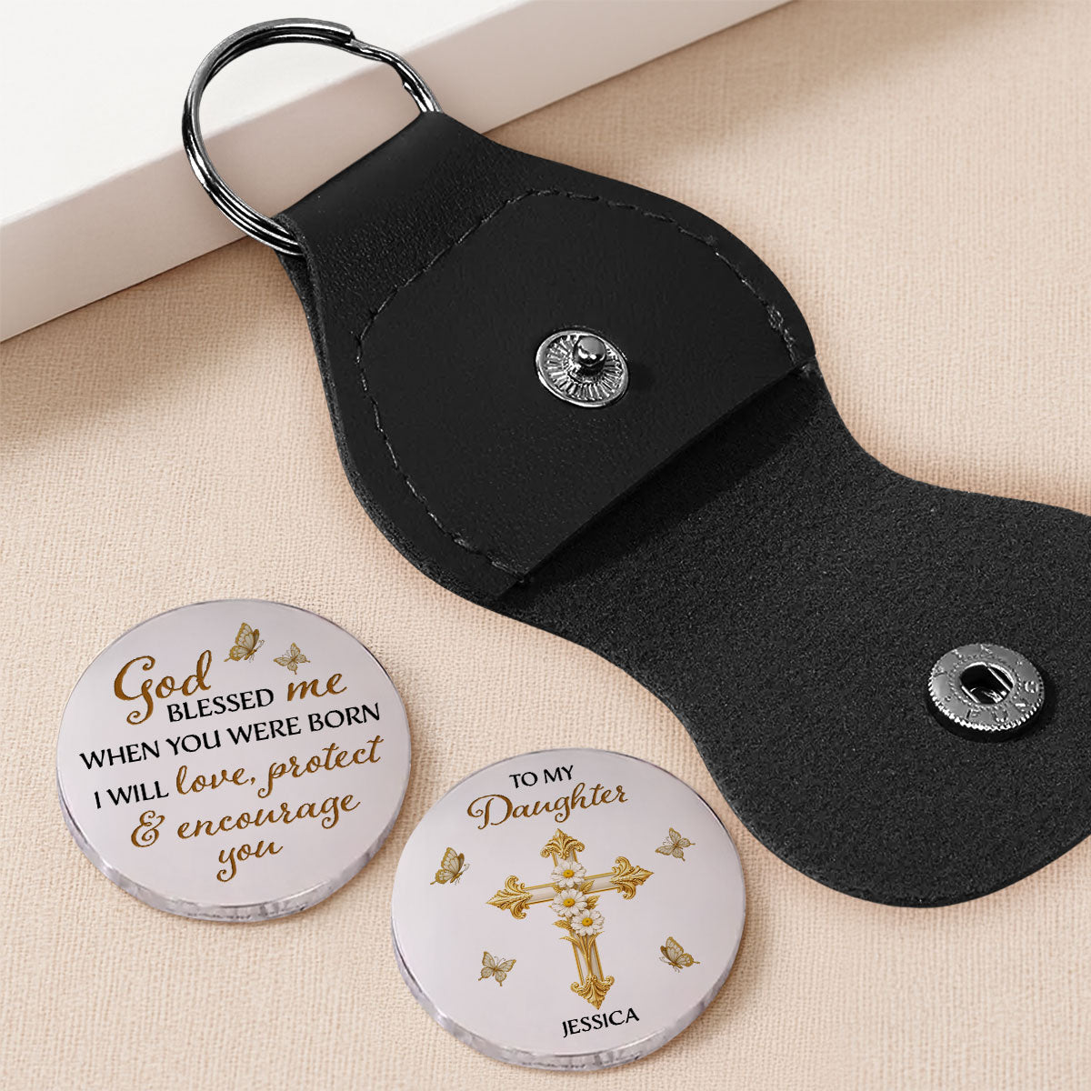 Custom Daughter Coin Keychain, Christian Gift, Faith Keepsake • God Blessed Me - Personalized Pocket Hug