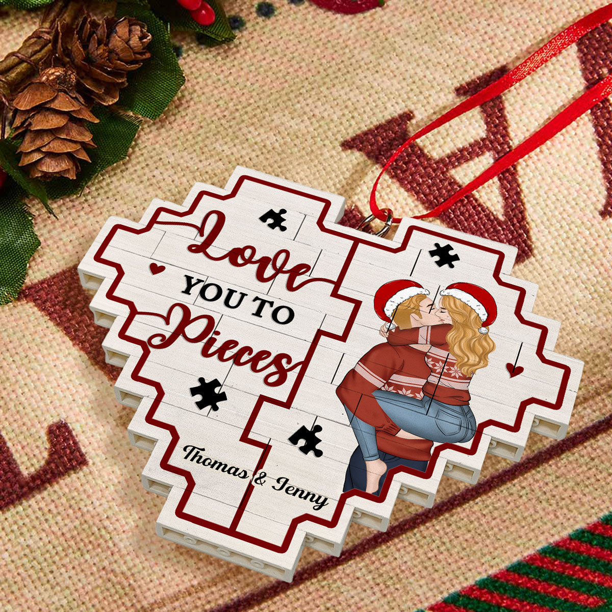 Custom Couple Christmas Ornament, Anniversary Gift •  Love You To Pieces - Personalized 3D Effect Heart Puzzle Ornament