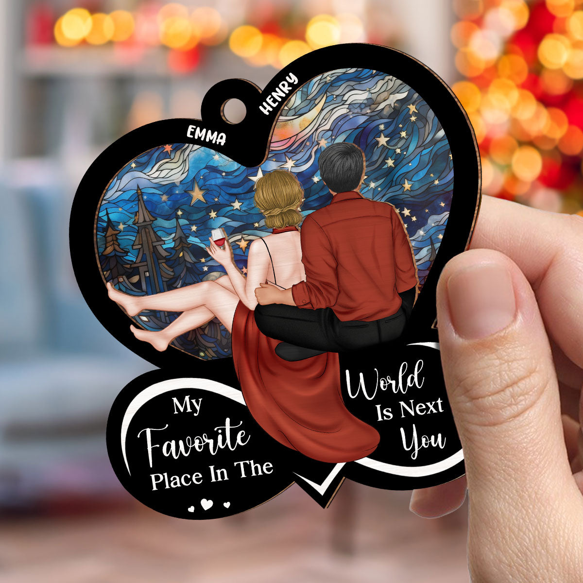 Custom Couple Christmas Ornament, Anniversary Gift •  My Favorite Place Is Next To You - Personalized Suncatcher Ornament