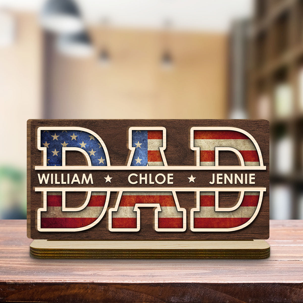 Custom Father's Day Decor, Gift for Dad & Grandpa • Dad America - Personalized 2-Layer Wood Plaque With Flat Base