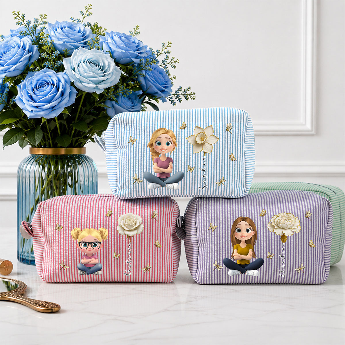 Custom Birth Flower, Name Birthday Gift For Her, Friends, Daughter • Floral Soul - Personalized Seersucker Print Makeup Bag