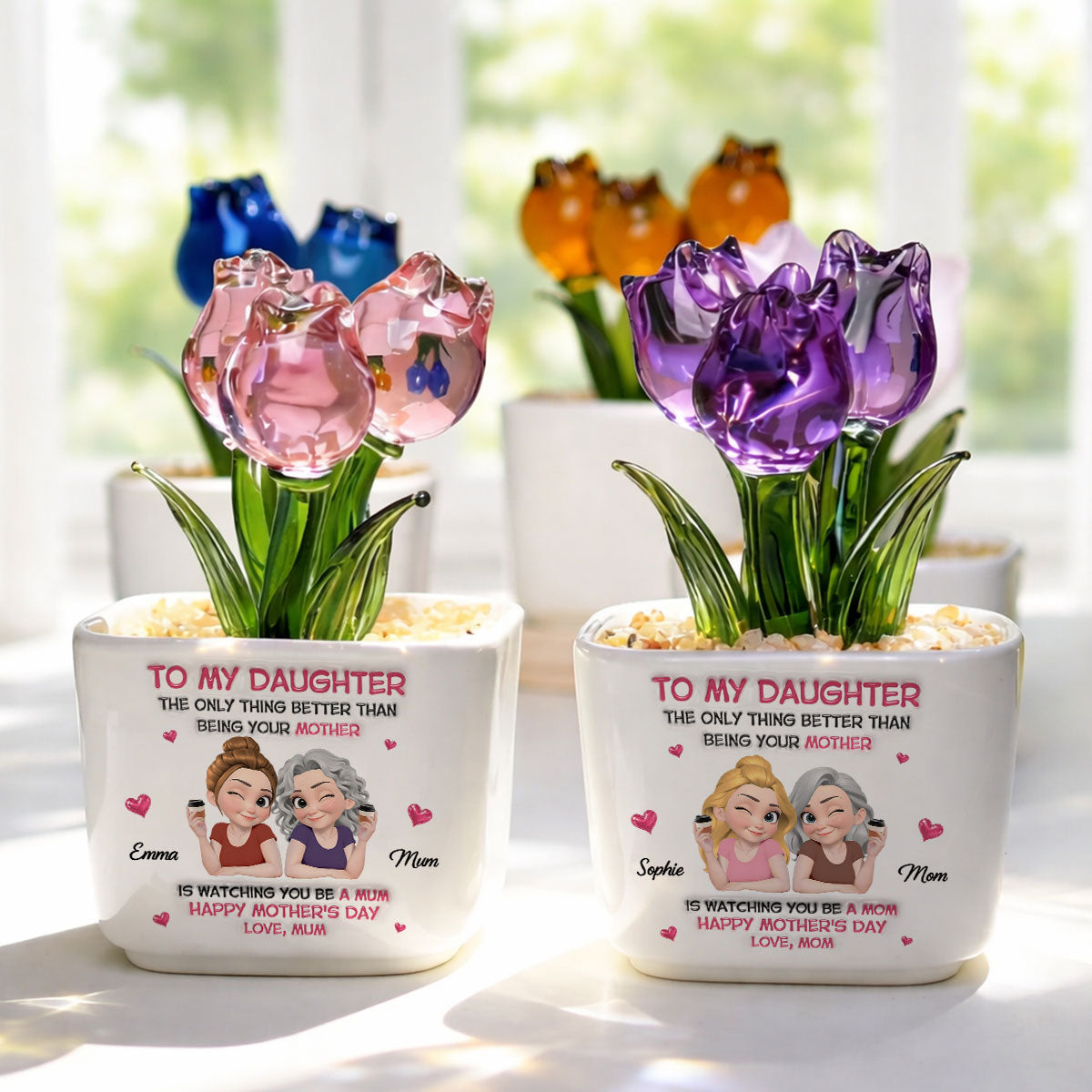 Custom Mother's Day Flower Keepsake, Glass Home Decor Gift for Daughter • Watching Daughter Be A Mom - Personalized Glass Everlasting Tulips