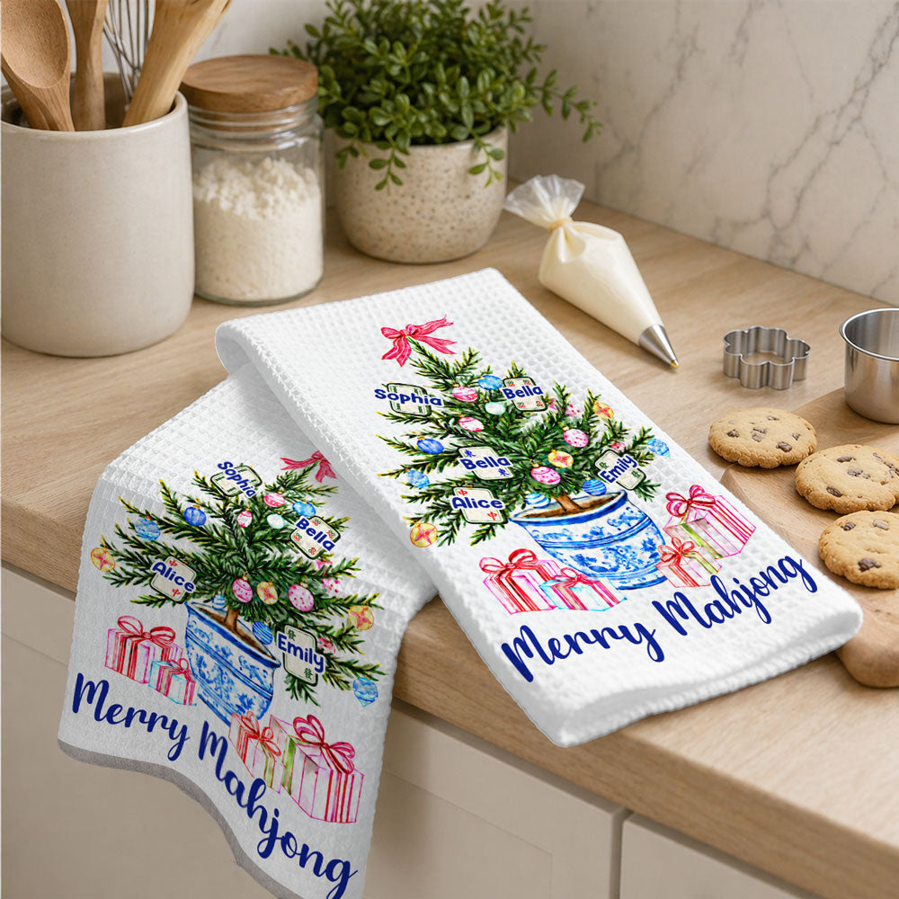 Custom Best Friend Kitchen Towel With Names, Birthday Christmas Gift For Friend Bestie • Merry Mahjong - Personalized Kitchen Towel