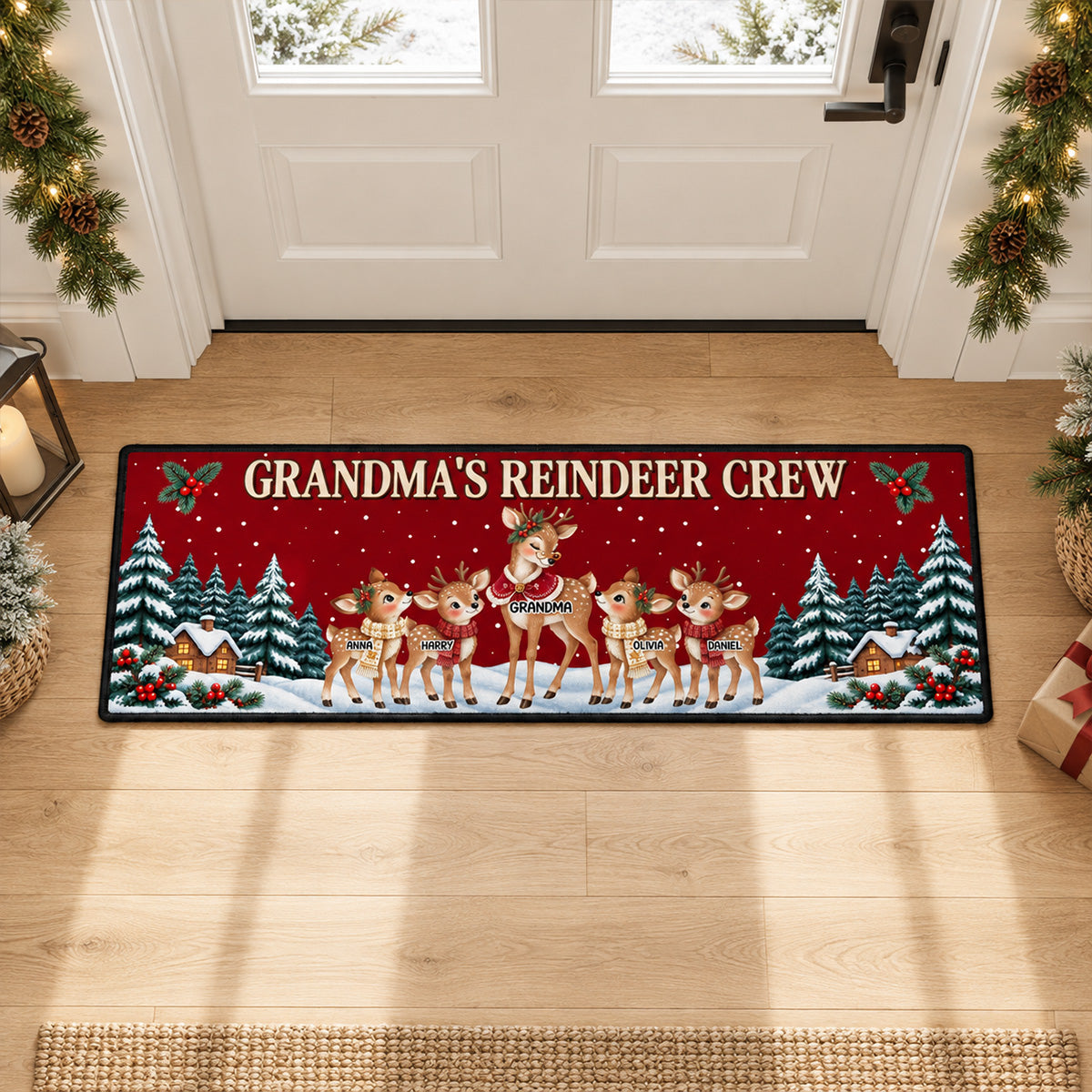 Custom Family Name Rug, Housewarming Birthday Gift For Family Members • Reindeer Winter Love - Personalized Runner Rug
