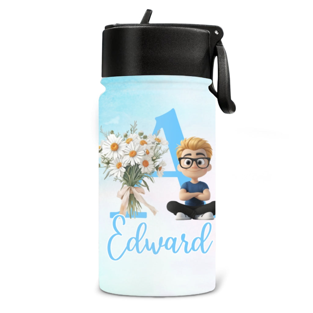 Birth Flower With Name - Personalized Kids Water Bottle